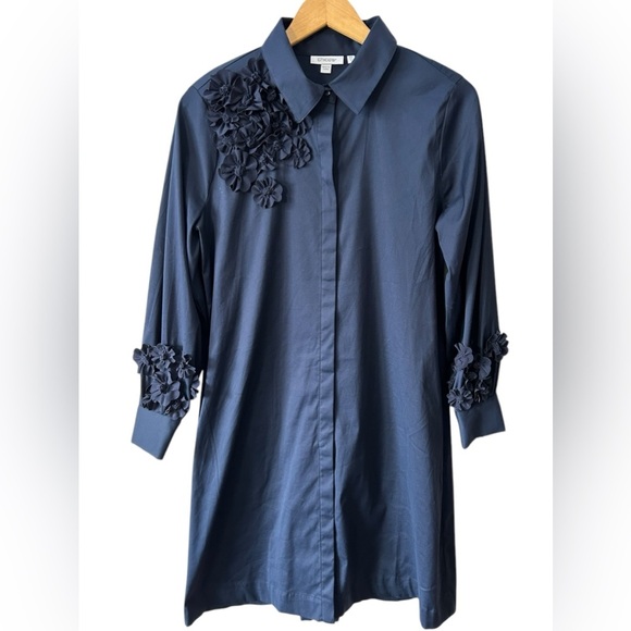 Chico’s Women’s Navy Blue Poplin 3D Appliqué Flower Button Up Shirt Dress Size 6 - Picture 2 of 9
